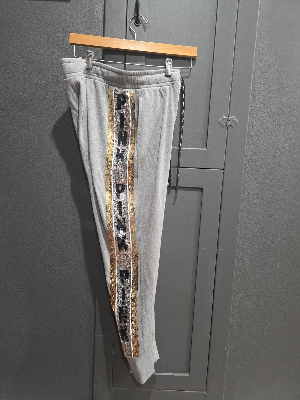 Gray Sequin-Trim Jogger Pants with Gold Accent